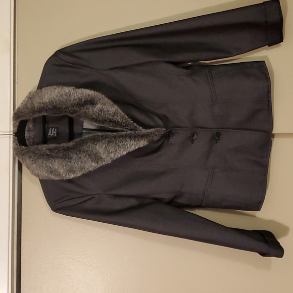 MODA International Black Denim Faux Fur Collared Jacket Sz Medium - Picture 1 of 7